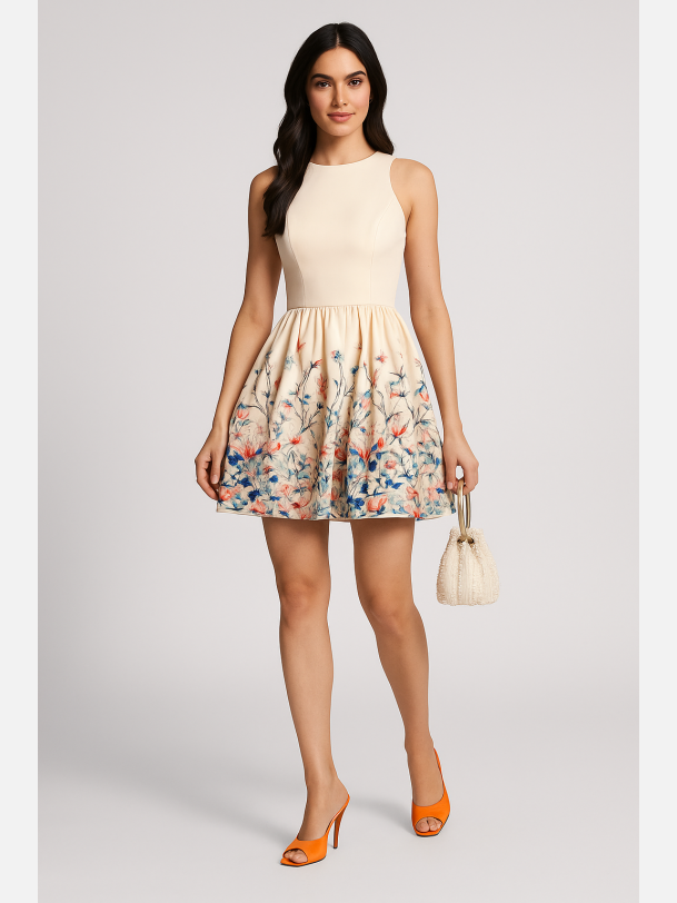 ALISA Kort blomstret kjole i cremefarve