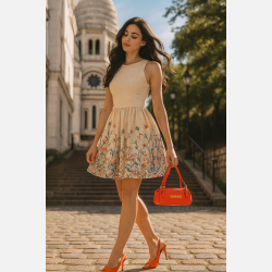 ALISA Kort blomstret kjole i cremefarve