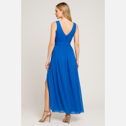 ALISSA Lang bl� kjole med slids og V-udsk�ring