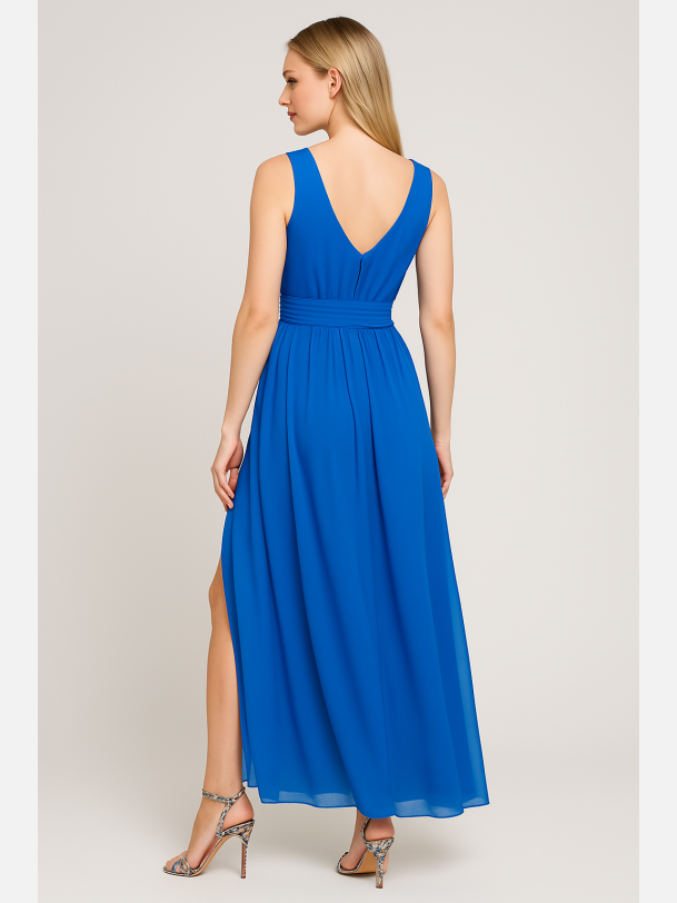 ALISSA Lang bl� kjole med slids og V-udsk�ring