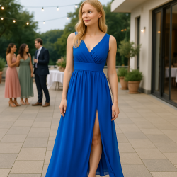 ALISSA Lang bl� kjole med slids og V-udsk�ring