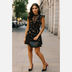 AMINA Kort kjole med blonde og blomsterprint