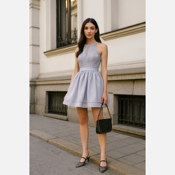 ANETA Gr� kjole med blonde overdel og lagdelt sk�rt