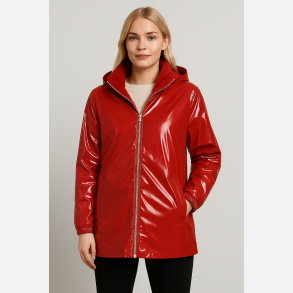 CANDI Lak jakke i r�d farve med imiteret pels