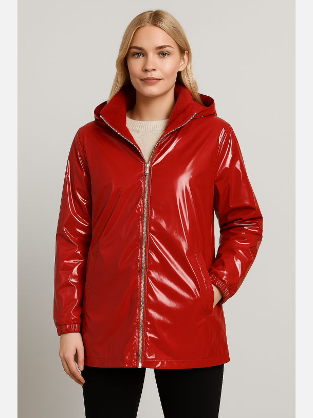 CANDI Lak jakke i r�d farve med imiteret pels