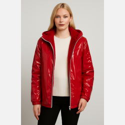 CANDI Lak jakke i r�d farve med imiteret pels