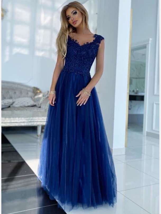 CECYLIA Lang kjole i navy farve med broderier