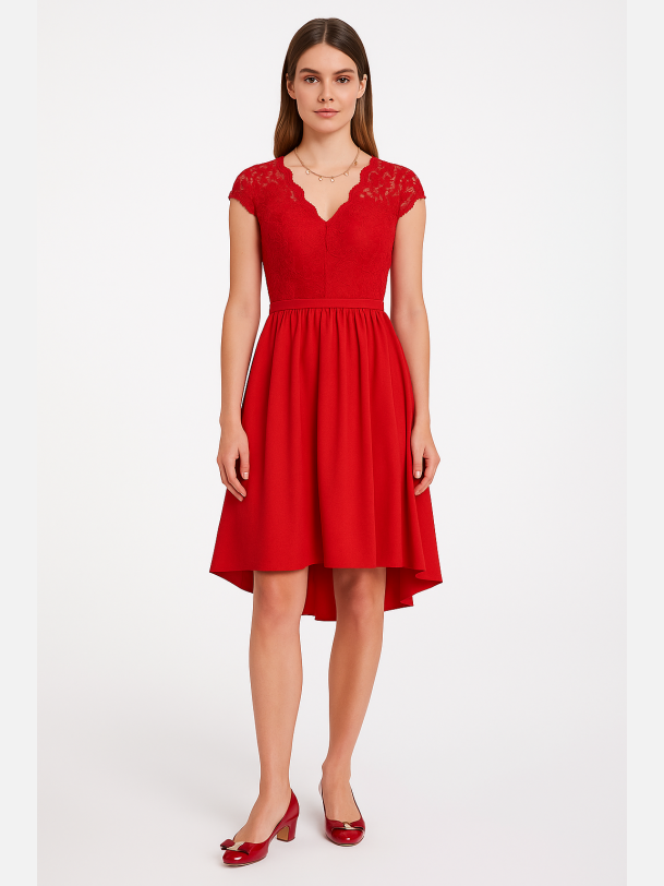 CINDY R�d blondekjole med V-udsk�ring