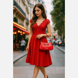 CINDY R�d blondekjole med V-udsk�ring