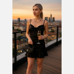 DALI Kort sort satin kjole med stropper