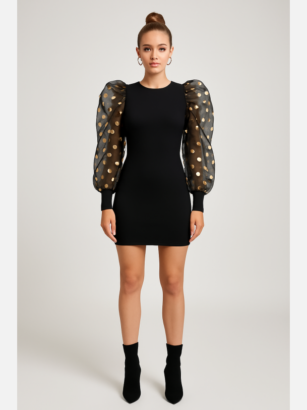 DORIS Sort kort kjole med chiffon puf�rmer