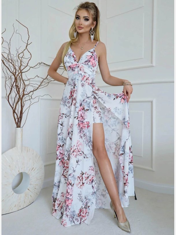 DORJANA BIS Maxi kjole i ecru farve og blomsterprint