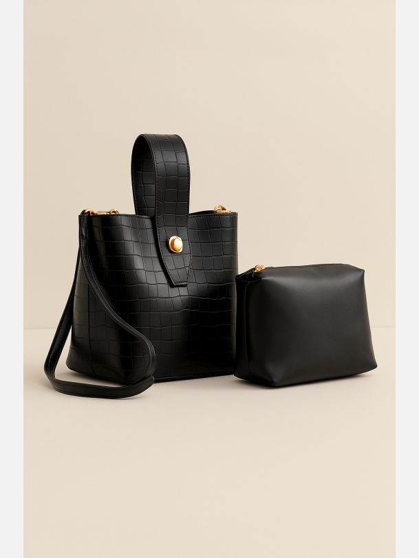 DARIA 2-i-1 taske i sort croco look med guld detaljer