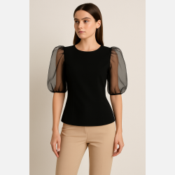 ESTA-Sort taljeret bluse med chiffon �rmer