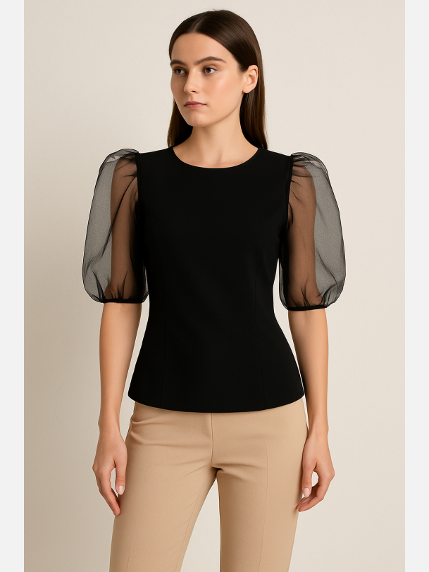 ESTA-Sort taljeret bluse med chiffon �rmer