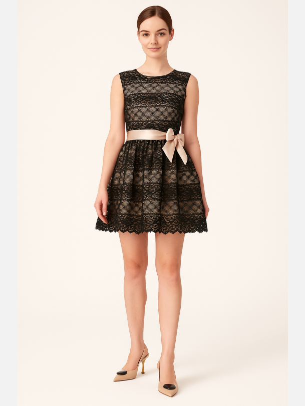 ESTERA Kort sort blondekjole med sl�jfe � Elegant fra Jollyyoung.dk