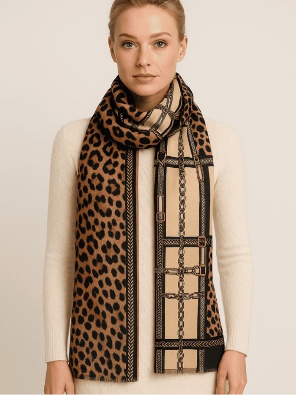 Eksklusivt MOSA t�rkl�de med leopardprint og gyldne k�dedetaljer