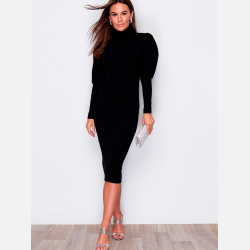 FRAJA Elegant sort midi kjole med puf�rmer og h�j krave