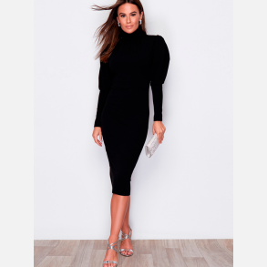 FRAJA Elegant sort midi kjole med puf�rmer og h�j krave