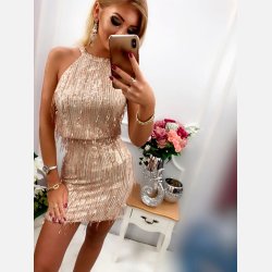 FUSHION Kort frynser og pailletter kjole i guld farve