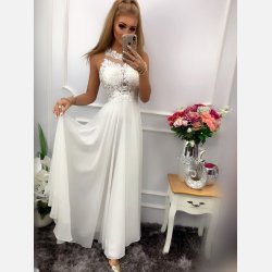 GATTI Hvid lang blondekjole med �ben ryg og perledetaljer