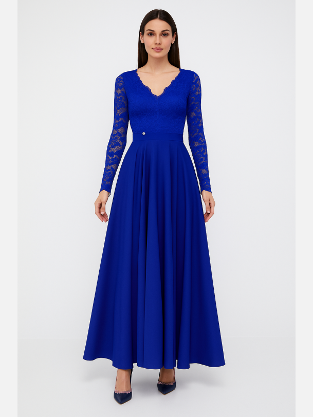 GLAMUR 2 Maxi kjole med blondeoverdel i bl� � elegant aftenlook fra Jollyyoung.dk