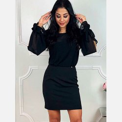 GRETA Elegant Kort Sort Kjole med Chiffon�rmer og Sl�jfer