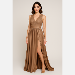 HIDOR Lang beige kjole med blonder og h�j slids