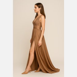 HIDOR Lang beige kjole med blonder og h�j slids