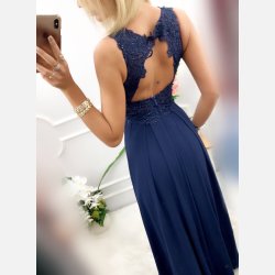 IVETTE Lang kjole i navybl� � eksklusiv festkjole med sten og broderier