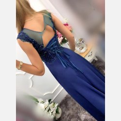 JAGUAR Lang kjole i navy farve med sten og broderier