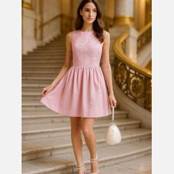KAREN Elegant pink midi kjole med delikate meshbroderier