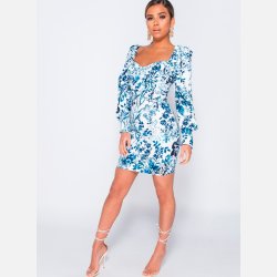 KITTY Kort hvid og bl� blomstret kjole med puf�rmer