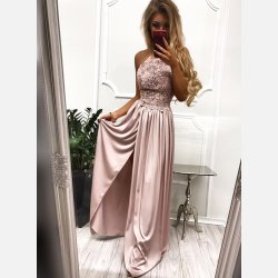 VIVIAN Lang beige kjole med blonder og sten