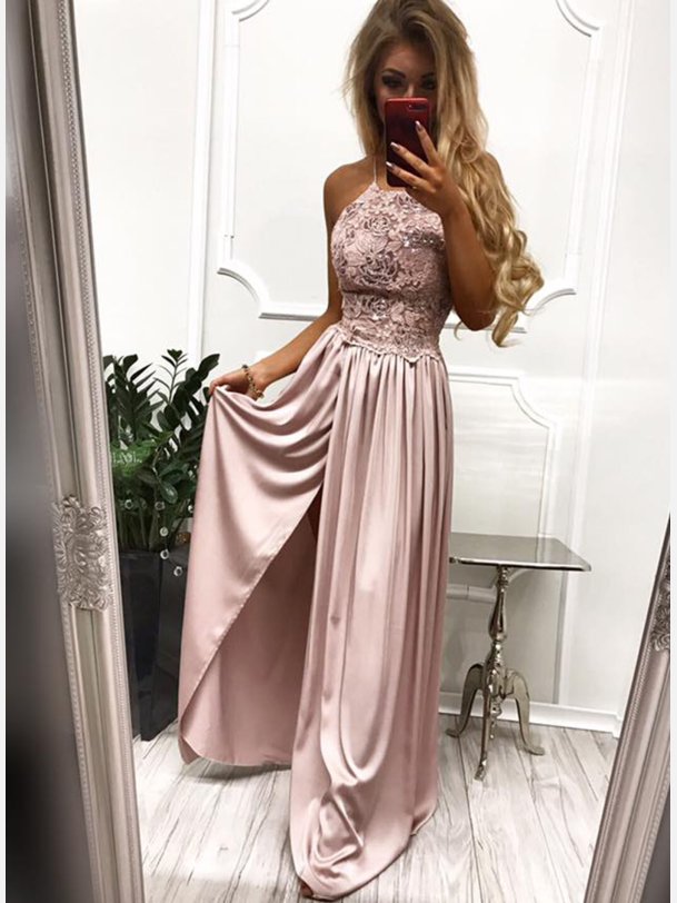 VIVIAN Lang beige kjole med blonder og sten