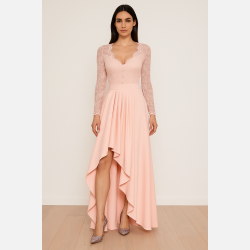 LOREN Lang rosa kjole � elegant blondekjole med asymmetrisk sk�rt