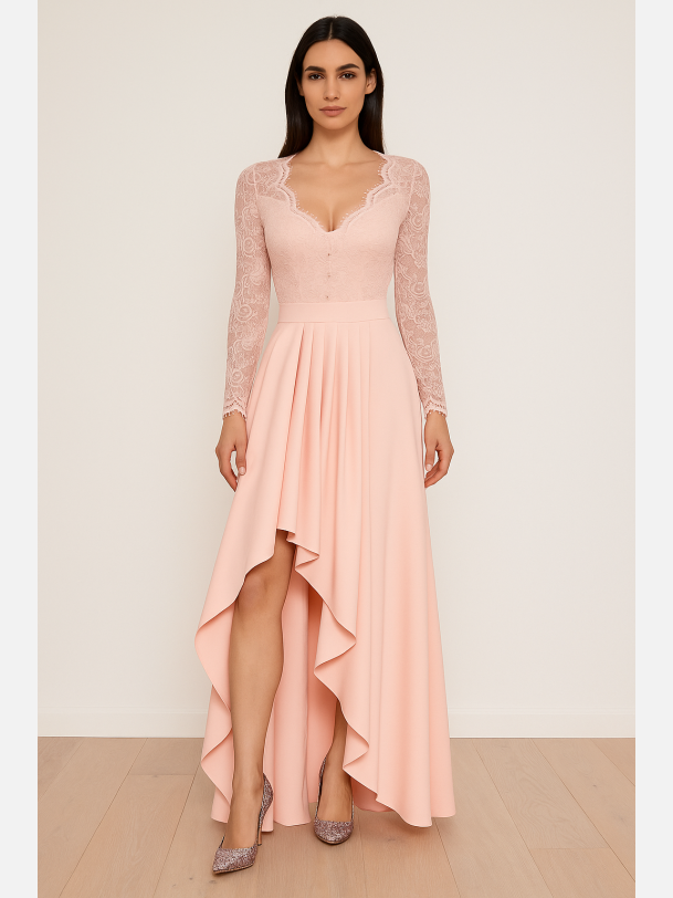 LOREN Lang rosa kjole � elegant blondekjole med asymmetrisk sk�rt