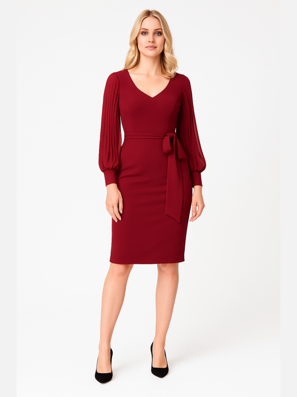 LORISA Bordeaux midi kjole med ballon�rmer og taljeb�nd � Elegant fra Jollyyoung.dk