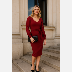 LORISA Bordeaux midi kjole med ballon�rmer og taljeb�nd � Elegant fra Jollyyoung.dk