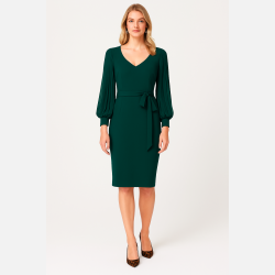 LORISA Gr�n midi kjole med ballon�rmer og taljeb�nd � Elegant fra Jollyyoung.dk