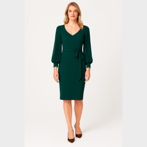 LORISA Gr�n midi kjole med ballon�rmer og taljeb�nd � Elegant fra Jollyyoung.dk