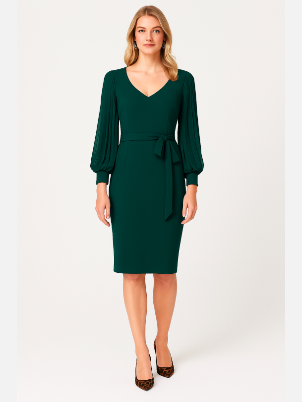 LORISA Gr�n midi kjole med ballon�rmer og taljeb�nd � Elegant fra Jollyyoung.dk