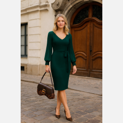 LORISA Gr�n midi kjole med ballon�rmer og taljeb�nd � Elegant fra Jollyyoung.dk