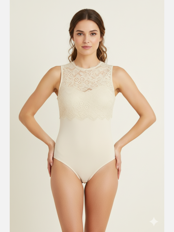 LAFAL Kort�rmet bodystocking i beige farve med blonder