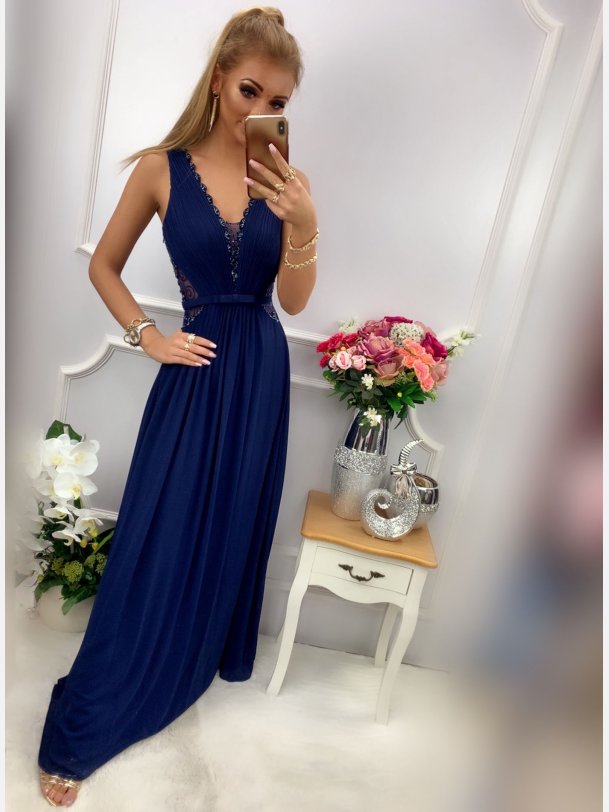 LATTE Maxi kjole i navy farve med broderier og pailletter