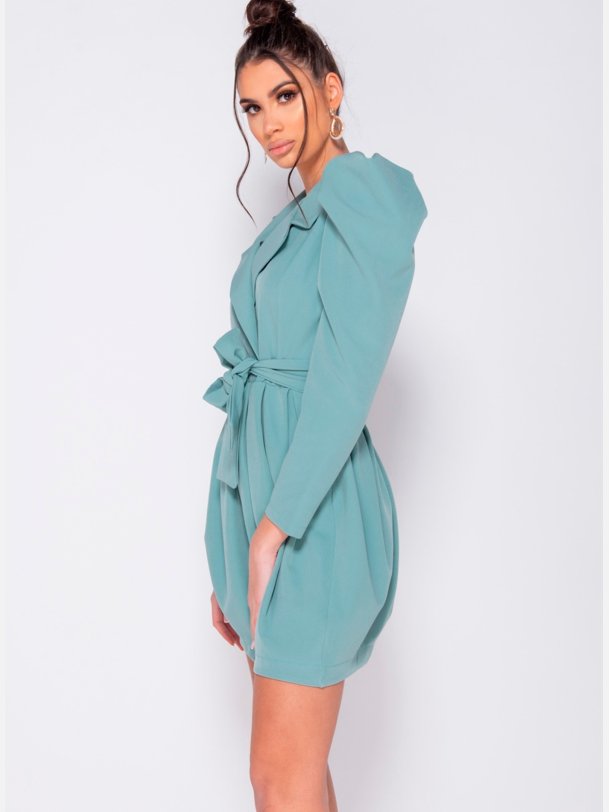 LISA Kort mint kjole med puf�rmer og bindeb�nd