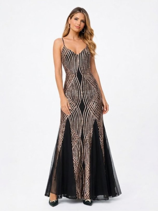 MARY Sort lang kjole med ros�guld pailletter � glamour�s festkjole med stropper