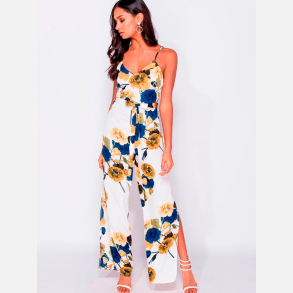 MELANIE buksedragt i blomsterprint med bindeb�nd