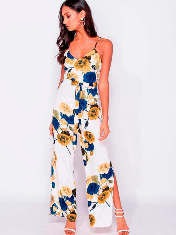 MELANIE buksedragt i blomsterprint med bindeb�nd