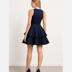 MERY Elegant navy kjole med blondeoverdel og sk�rt i to lag